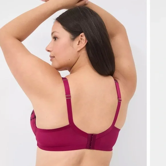 Cacique NWT Max Boost Plunge Lace Strappy Sexy Lace Bra Raspberry Black 44C - Picture 3 of 12